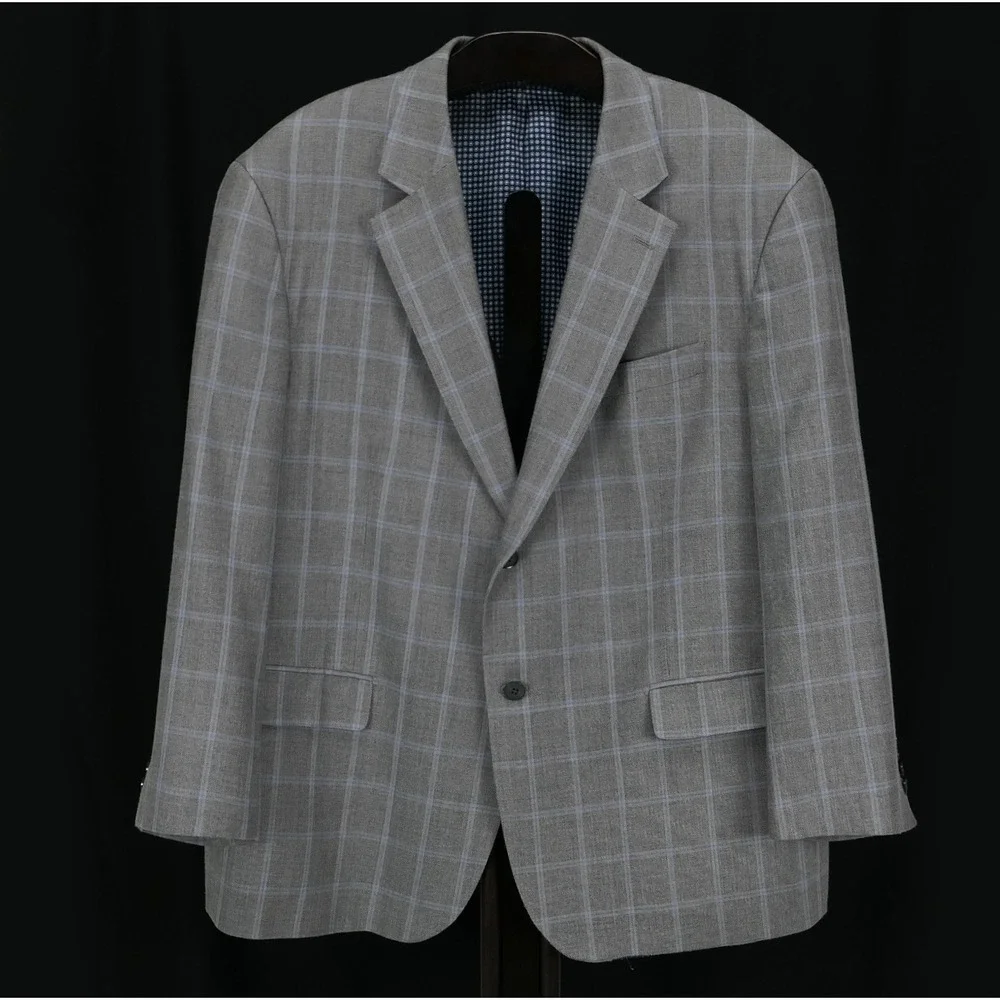 Oak Hill Sport Coat Silk‎ Wool Windowpane Blazer Mens 2XL 52R Grey Blue Check